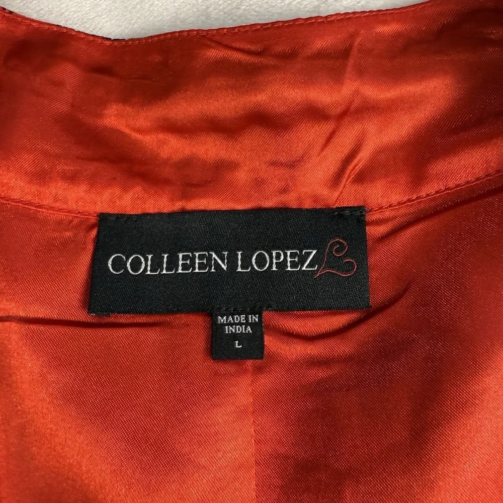 COLLEEN LOPEZ Floral Print Open Jacket Size Large Red Sequin Kimono Crop Fringe